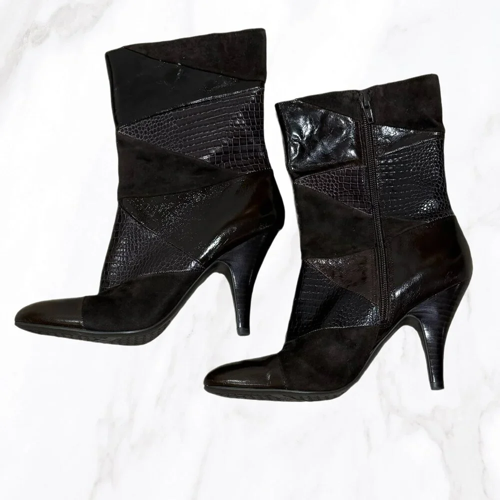 Nine West Women's Brown‎ Leather Patchwork Heeled Calf Booties, Size 7.5
